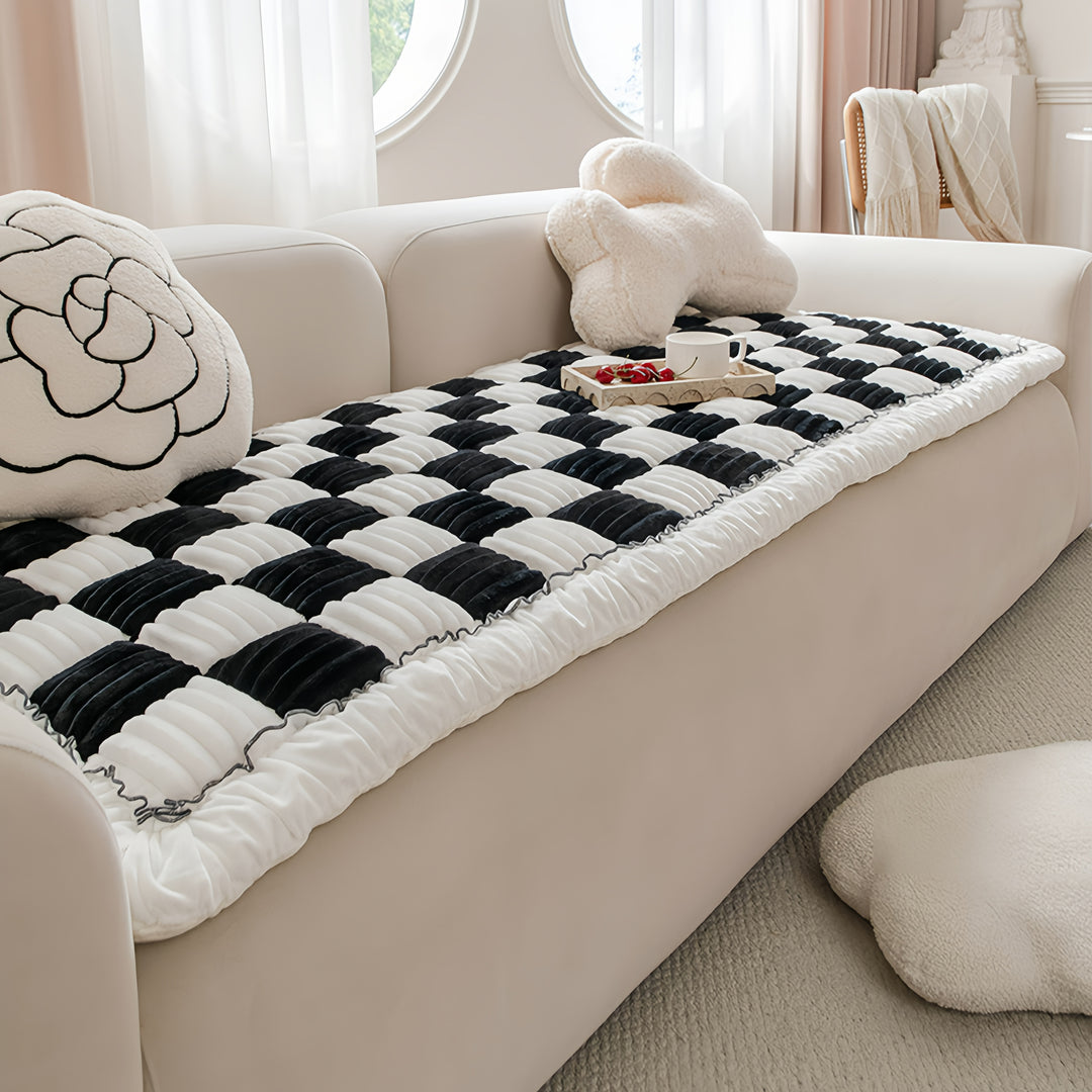 Cream-coloured Large Plaid Square Fuzzy Pet Mat Bed Couch Cover