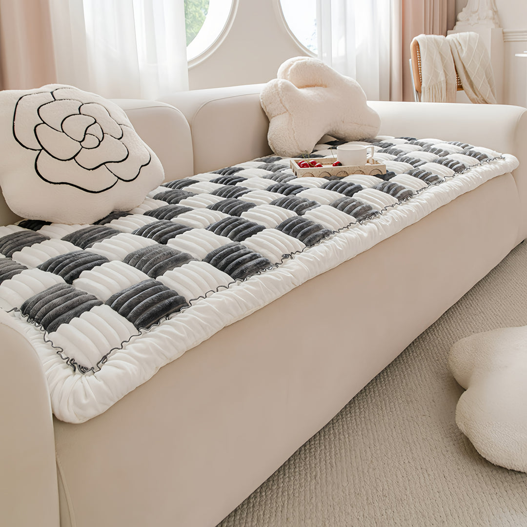Cream-coloured Large Plaid Square Fuzzy Pet Mat Bed Couch Cover