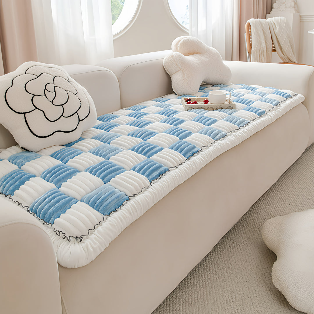 Cream-coloured Large Plaid Square Fuzzy Pet Mat Bed Couch Cover