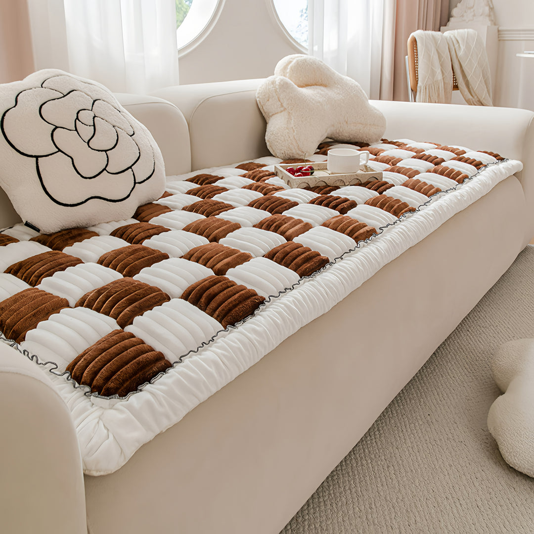 Cream-coloured Large Plaid Square Fuzzy Pet Mat Bed Couch Cover
